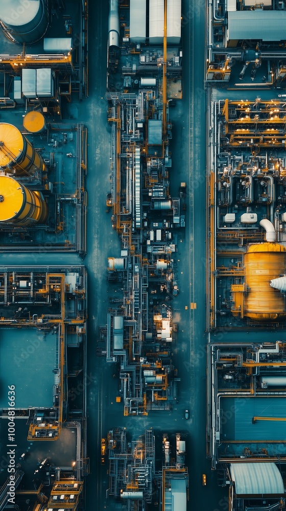 Poster aerial view of a busy industrial complex featuring large storage tanks and extensive piping systems 