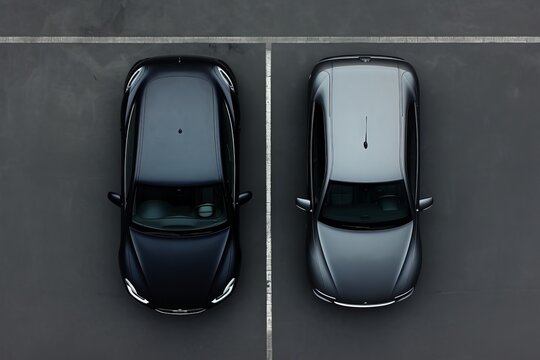 Two sleek cars parked side by side on a modern asphalt parking lot during daytime