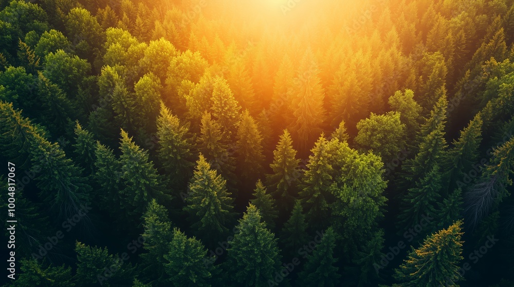 Poster sunrise over a dense evergreen forest with sunlight filtering through treetops in a tranquil natural