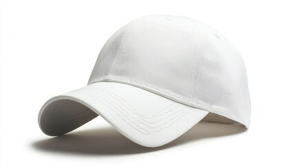 Fototapeta premium A plain white baseball cap with a curved brim, isolated on a white background.