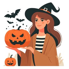 Flat-style illustration of a woman joyfully holding a Halloween pumpkin. Perfect for Halloween-themed content, festive decorations, and seasonal designs. Simple and cheerful composition