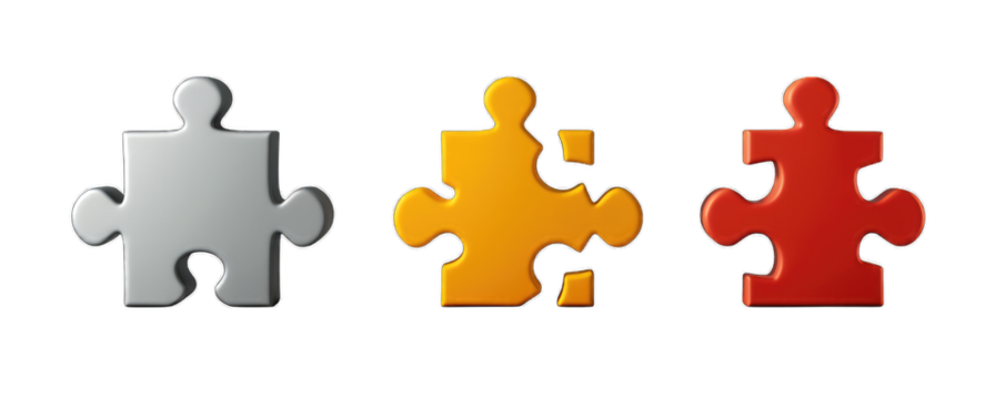 Three connected jigsaw puzzle pieces in different colors, symbolizing connection.
