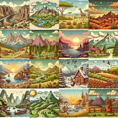 Funny cartoon landscapes. AI generated illustration