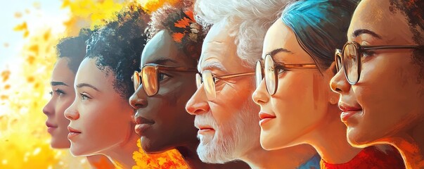 Diverse faces in profile, showcasing a rich tapestry of age, gender, and ethnicity against a vibrant backdrop.