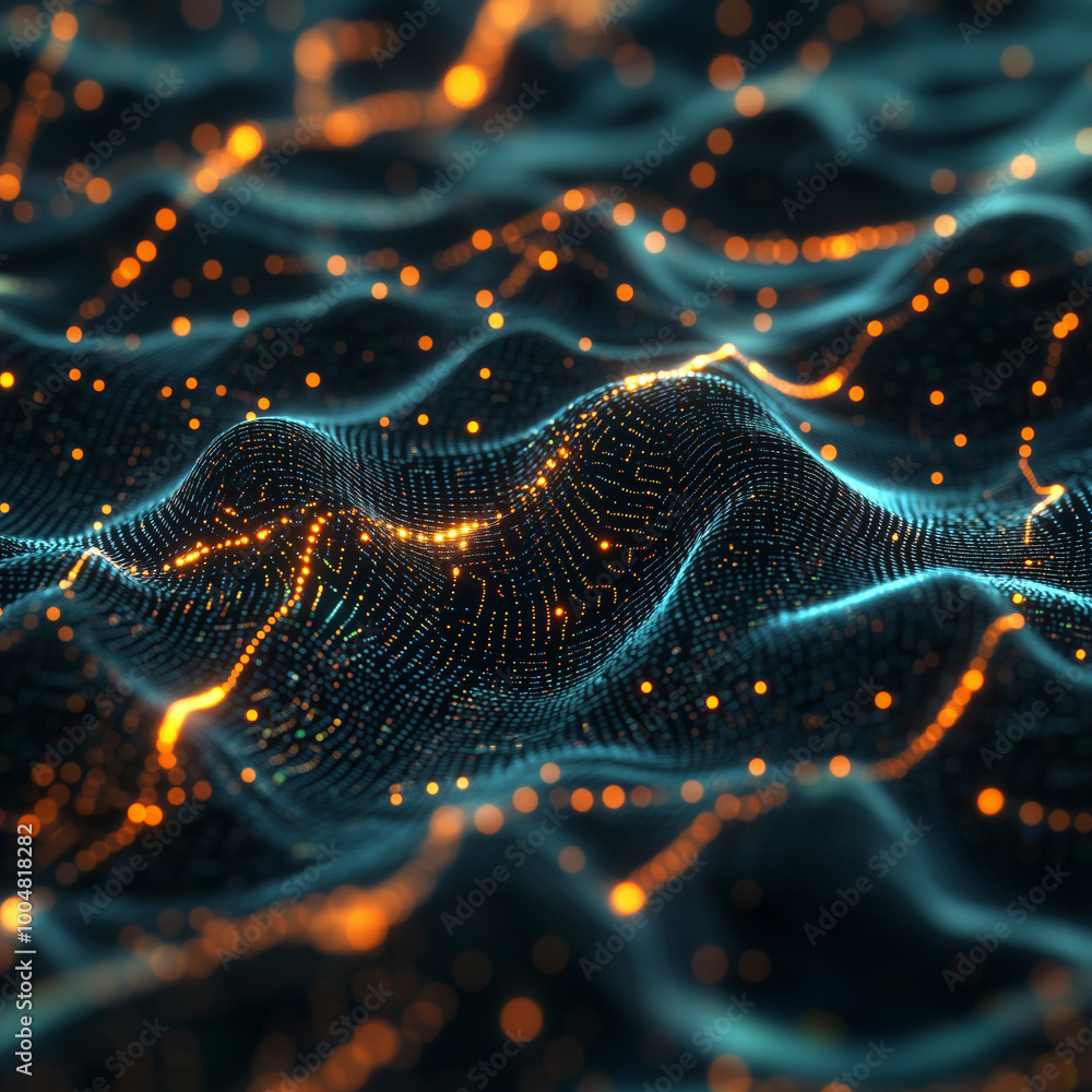 Poster dynamic light patterns in gold and blue tones create an abstract image of flowing waves, simulating 