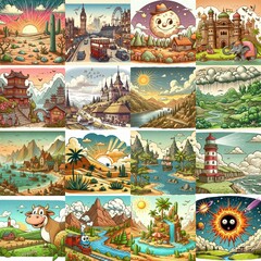 Funny cartoon landscapes. AI generated illustration
