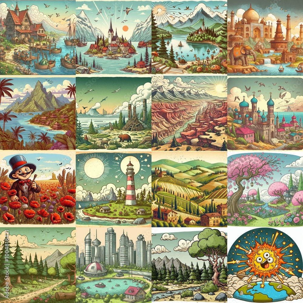 Wall mural funny cartoon landscapes. ai generated illustration