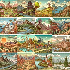Obraz premium Funny cartoon landscapes. AI generated illustration