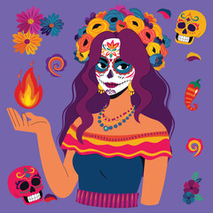 La catrina. Mexican day of the dead, sugar skull calavera makeup woman, Día de los muertos carnival. 