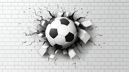 A soccer ball breaks through a brick wall, creating cracks and debris.