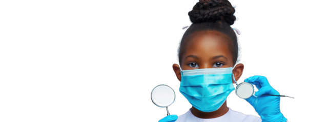 A young African girl dressed as a dentist, holding a mirror and wearing a surgical mask, portraying a healthcare professional.