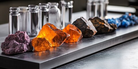 Collection of colorful mineral stones and crystal samples displayed in a row with blurred containers in the background. Concept of geology, minerals, and scientific collection.
