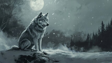 Lone Wolf in a Snowy Forest Under the Moonlight
