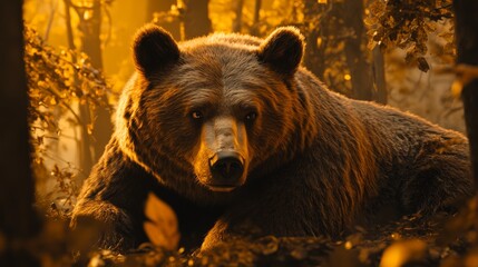 A bear is laying down in the woods. The bear is brown and has a big, dark nose. The sun is shining on the bear, making it look warm and inviting