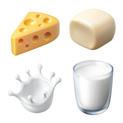 Dairy products isolated on a white background. Glass of milk, splashes of milk, white and yellow cheese. Realistic 3d vector in cartoon style