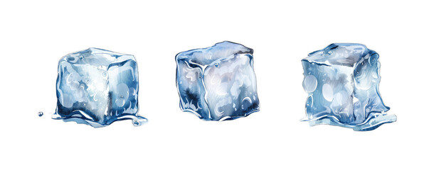 Fototapeta premium Three detailed, illustrated ice cubes isolated on a transparent background, symbolizing coolness and refreshment.