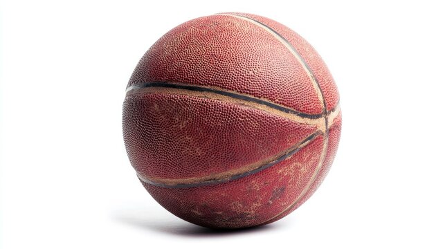 A worn, red basketball with white stitching and a slightly deflated look, isolated on a white background.