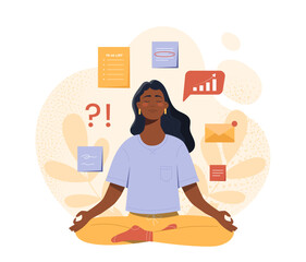 Businesswoman meditating concept. Young girl sitting in lotus position. Wellness and zen, wellbeing. Mental and psychological health. Flat vector illustration isolated on white background