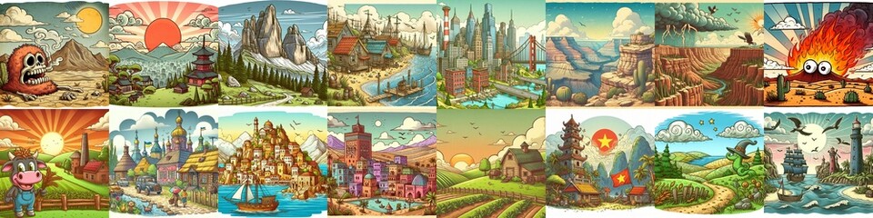 Funny cartoon landscapes. AI generated illustration