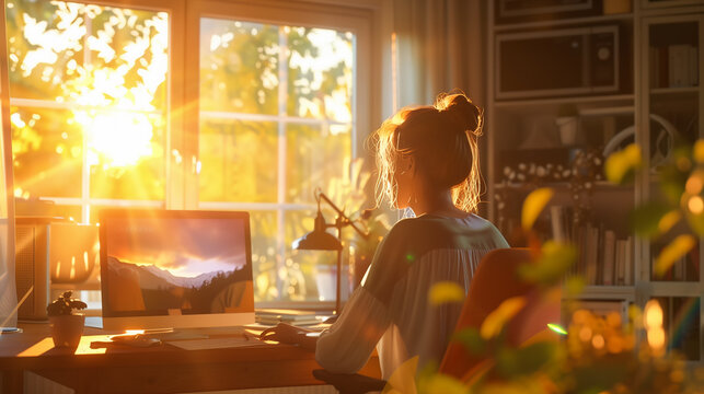 Joyful and beautiful woman engages in remote office work from home in cozy room. Girl using her computer for work, online shopping, internet browsing, education, distance learning and entertaining