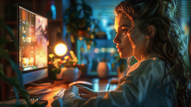 Joyful and beautiful woman engages in remote office work from home in cozy room. Girl using her computer for work, online shopping, internet browsing, education, distance learning and entertaining