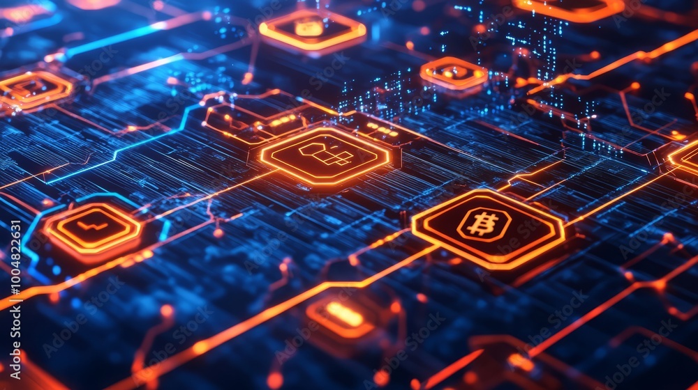 Poster cybernetic circuitry: abstract digital art depicting a futuristic circuit board with glowing neon ic