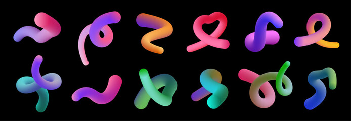 Set of abstract fluid curves in different shapes. Gradient blend lines. Vector 3d illustration on a black background