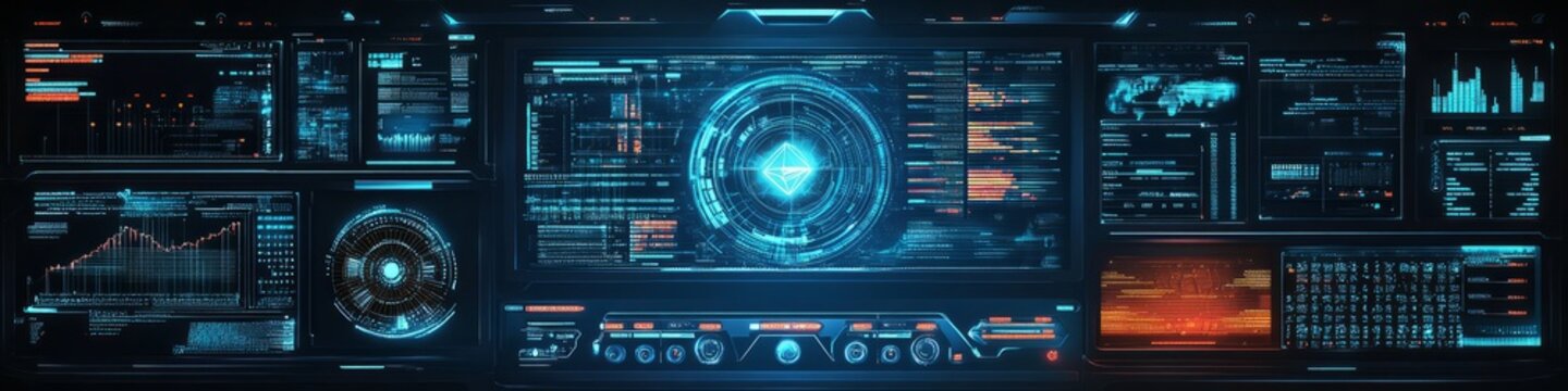 Futuristic Tech Interface:  A captivating close-up of a high-tech digital interface, showcasing a mesmerizing array of data streams, graphs, and holographic elements.