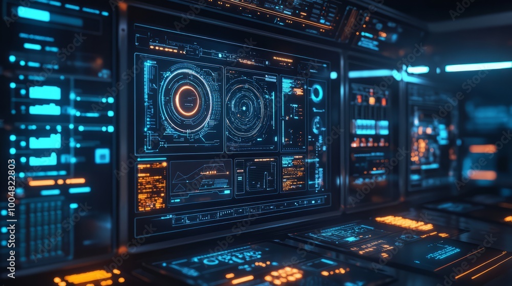 Poster futuristic interface: a mesmerizing display of glowing blue and orange interfaces, a symphony of dat