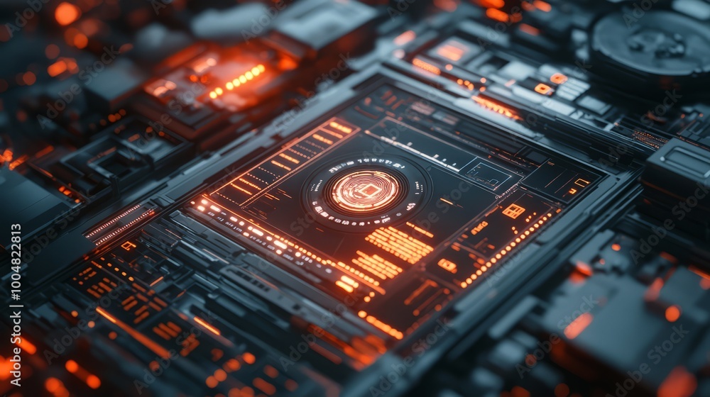 Poster Cybernetic Core: Glowing orange circuits illuminate a futuristic technological marvel, a close-up of intricate and complex digital hardware.  A high-tech masterpiece for your next project.