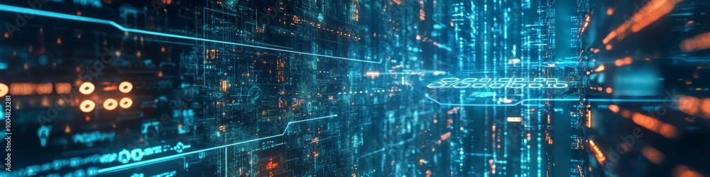 Poster digital matrix: an abstract, futuristic background with glowing binary code in a hypnotic blue and o
