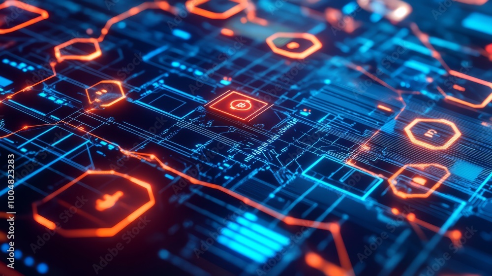 Poster Cybernetic Circuitry: Abstract digital art depicting a futuristic circuit board with glowing nodes and intricate pathways.  A visual representation of technological advancement and connectivity. 