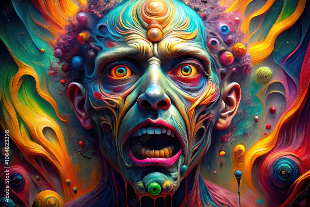 Poster abstract grotesque art with distorted shapes and bold colors creating a surreal and unsettling exper