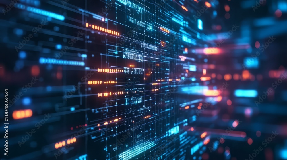 Poster digital flow: abstract digital data stream with glowing blue and orange lines, representing fast, fu