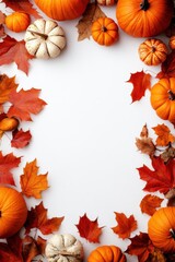 Fall background with orange pumpkins and fall leaves on a light surface