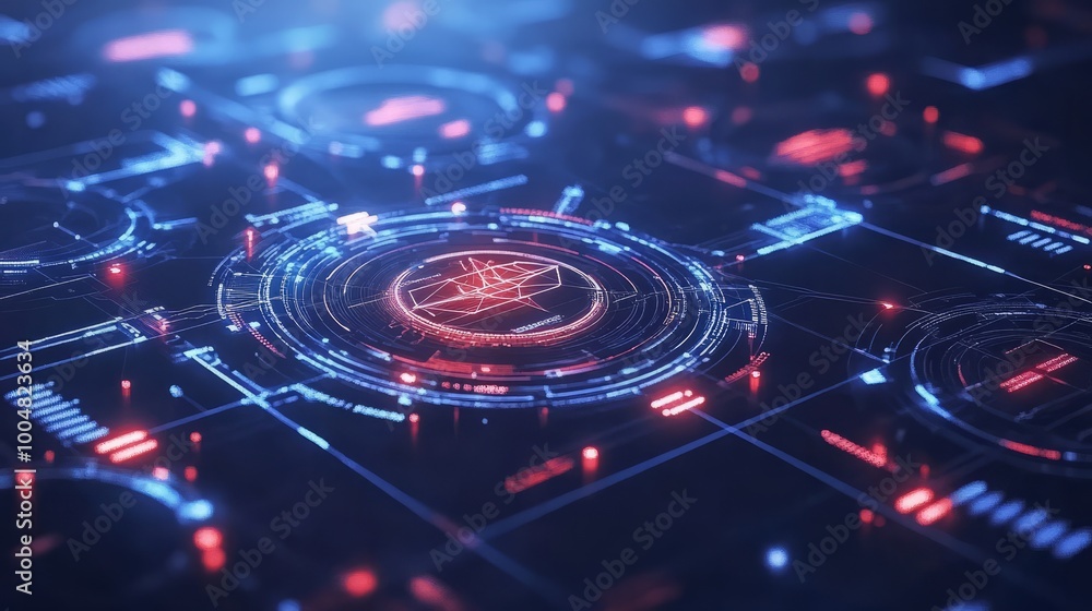 Poster digital interface: abstract futuristic technology concept with glowing red and blue lights. a mesmer