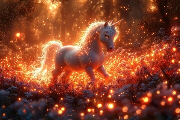 enchanting abstract representation of a mythical unicorn in a glowing fairy forest illuminated by ethereal lights and surrounded by whimsical flora