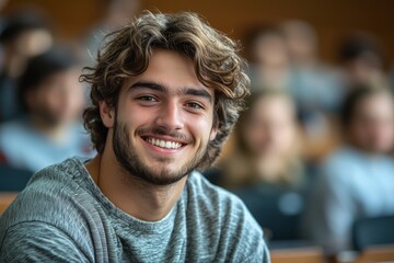 Fototapeta premium A young man with curly hair smiles brightly while sitting in a classroom