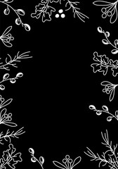 Vector illustration. Merry Christmas and Happy New Year floral background, copy space for your text. Rustic template for Christmas cards, wedding invitations, party invitation. Hand drawn sketch.