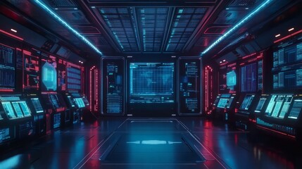 Cyberpunk Control Room: Neon-lit futuristic control center with glowing screens and advanced technology, perfect for sci-fi, cyberpunk, or tech concepts.  