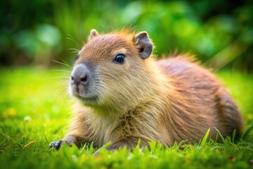 Adorable Newborn Capybara Resting on the Grass with Soft Fur and Bright Eyes in Natural Habitat