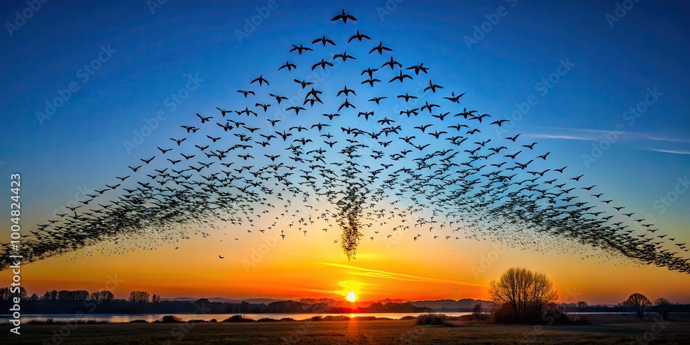 Aufkleber a dynamic formation of birds creating a triangular pattern in the clear blue sky at sunset