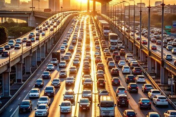 Obraz premium Aerial View of Busy Road Traffic Jam on Bridge, Capturing City Transportation and Vehicle Congestion