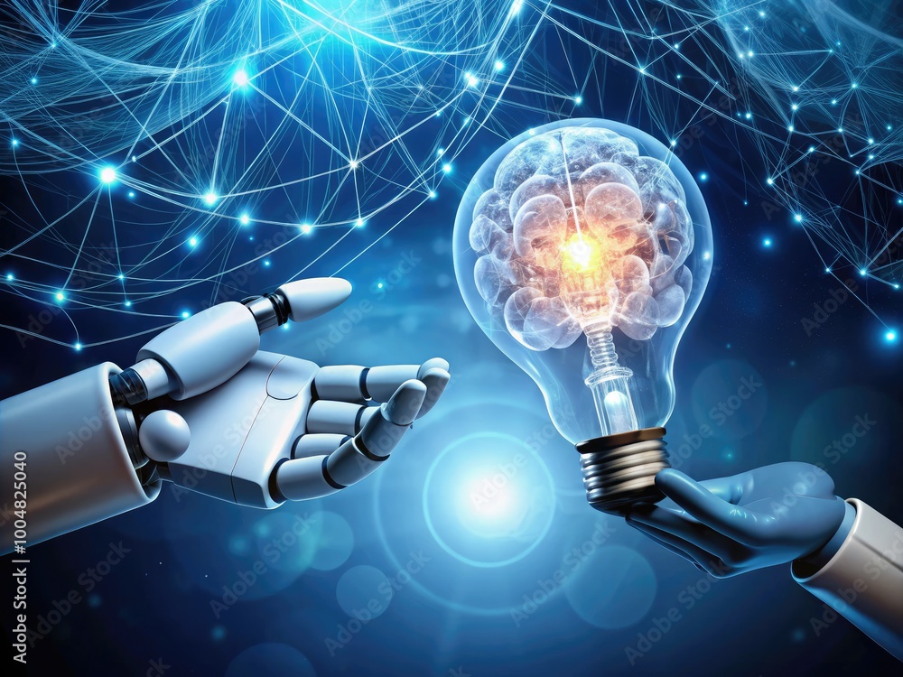 Poster ai technology and machine learning concept with robot hands touching light bulb and brain icon