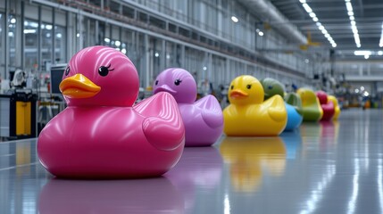 A row of rubber ducks lined up in a factory, AI