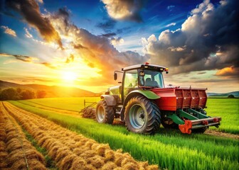 Fototapeta premium Agricultural machinery in action: a powerful tractor working in a lush green field during harvest season