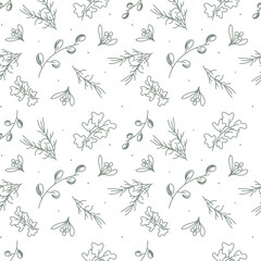 Vector. Merry Christmas, Happy New Year seamless pattern with leaves, berries, holly and spruce branches. Rustic winter background. Design for wrapping paper, greeting cards, textiles, branding.