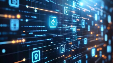 Fototapeta premium Digital Network: A mesmerizing illustration of interconnected data, glowing icons, and digital pathways, symbolizing the vast interconnectedness of the digital world. 