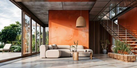 Fototapeta premium Modern living room with a beige sofa and an orange wall..