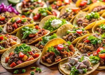 Fototapeta premium A Variety of Taco Meat Types Including Beef, Chicken, Pork, and Vegetarian Options on a Table